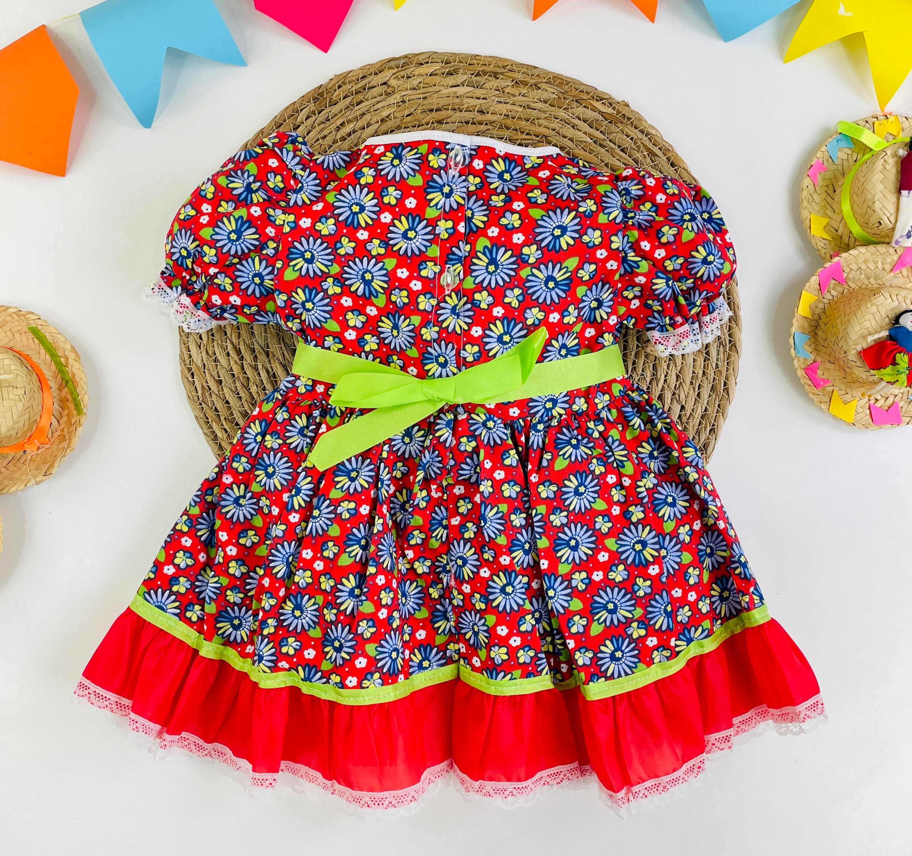 Vestido Coração Florido Vermelho Caipira Junina