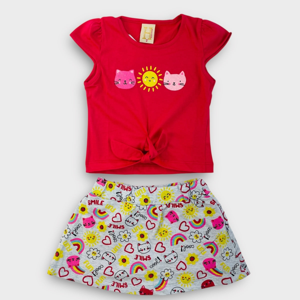 Conjunto infantil Feminino Hrradinhos Gatinhos Short Saia Blusa Verão
