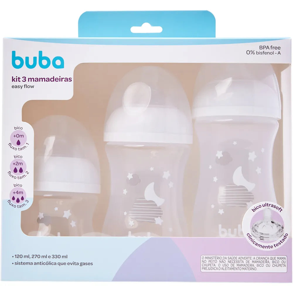 Kit Mamadeiras Buba Easy Flow Nuvem Anticólica com 3 Unidades