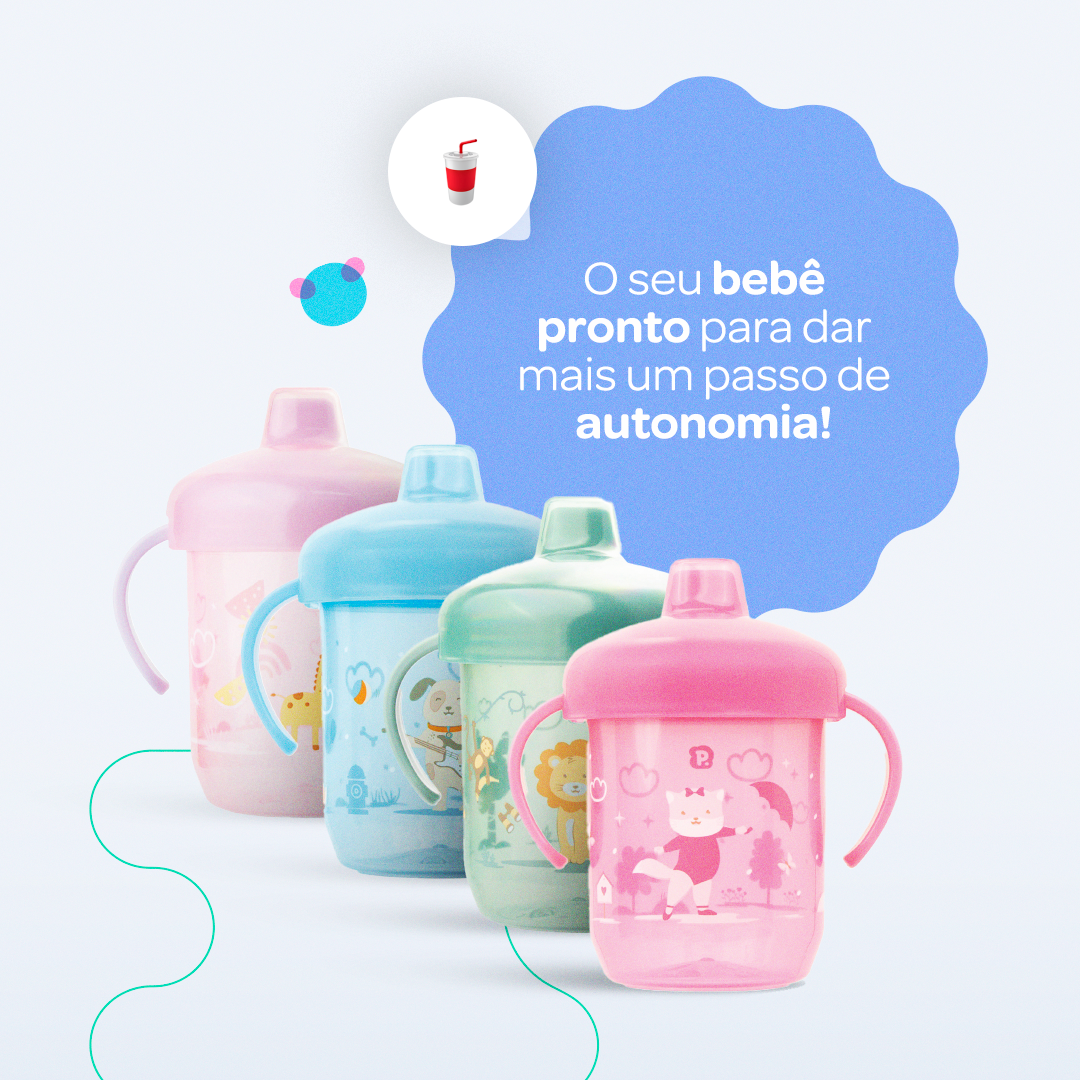 Copo De Treinamento Pimpolho Cachorro Bico Rigido Com alça E Tampa +6 M - 240 Ml - Azul