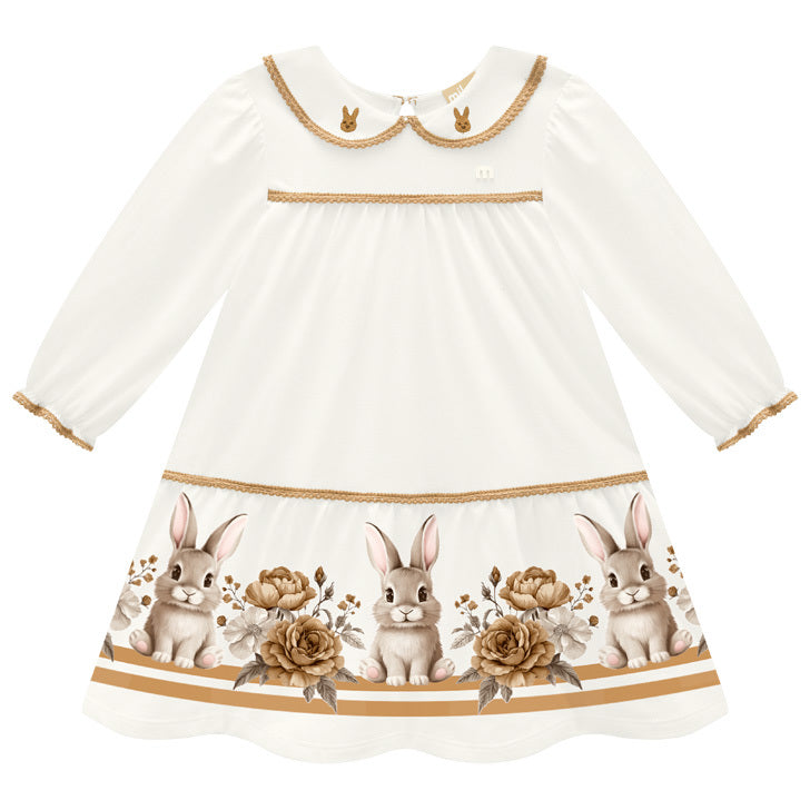 Vestido Infantil Milon Manga Longa Estampa Coelhinhos e Flores