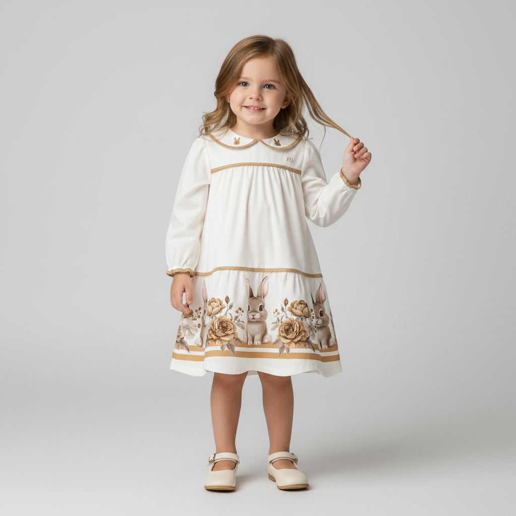 Vestido Infantil Milon Manga Longa Estampa Coelhinhos e Flores