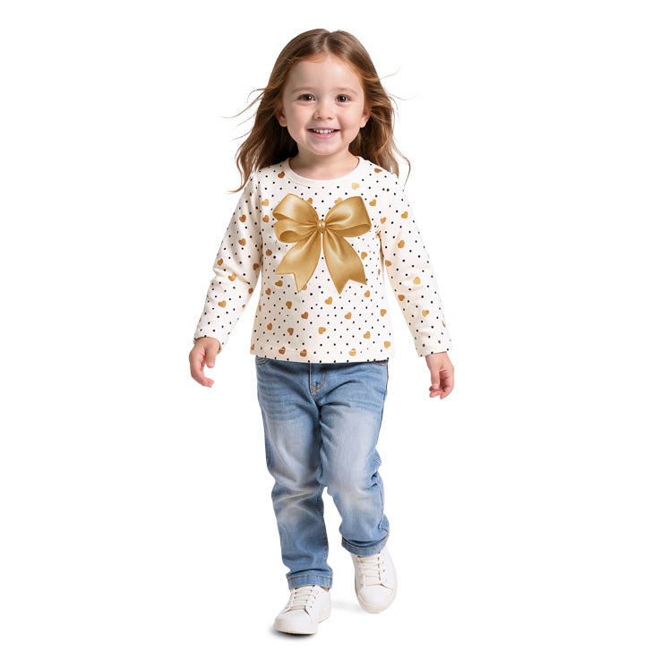 Blusa Infantil Menina Manga Longa Laço Dourado Inverno