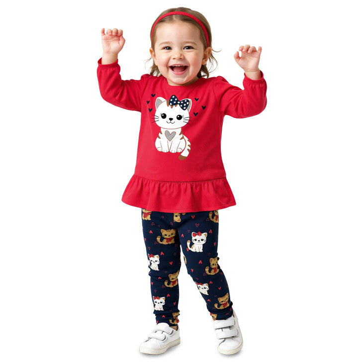 Conjunto Infantil Feminino Kyly Blusa com Babado Gatinha de Laço e Legging