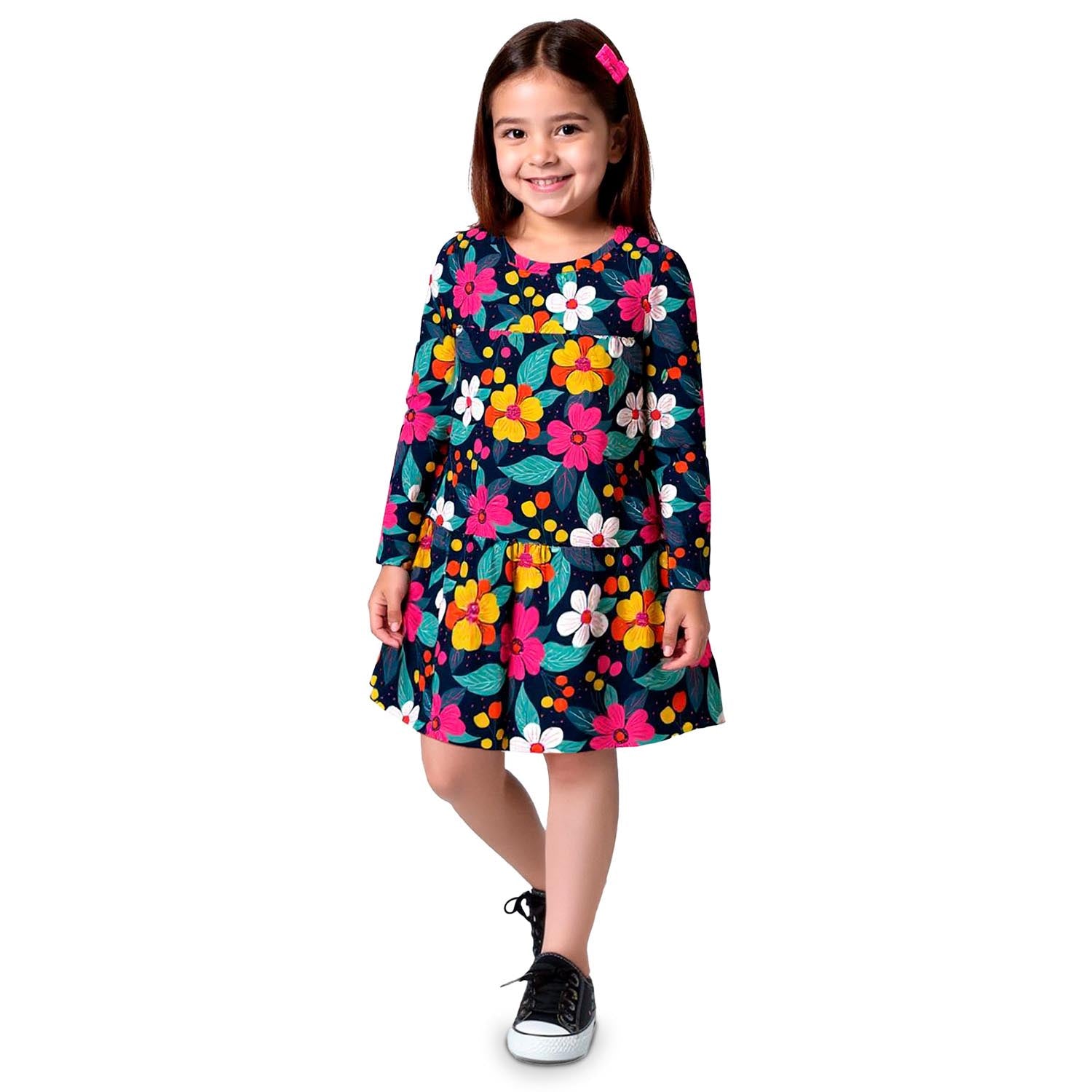 Vestido Infantil Menina Kyly Manga Longa Meia Malha Floral
