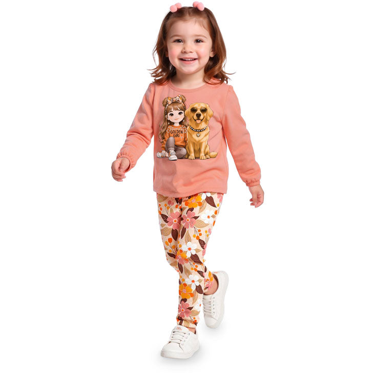 Conjunto Infantil Feminino Kyly Longo Golden Girl Blusa e Calça Floral