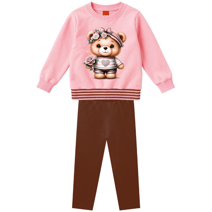 Conjunto Infantil Feminino Kyly com Blusão Estampa de Ursinha e Calça Legging