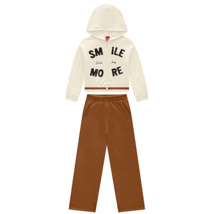 Conjunto Infantojuvenil Feminino Kyly Jaqueta com Capuz Smile More e Calça Moletom Peluciado