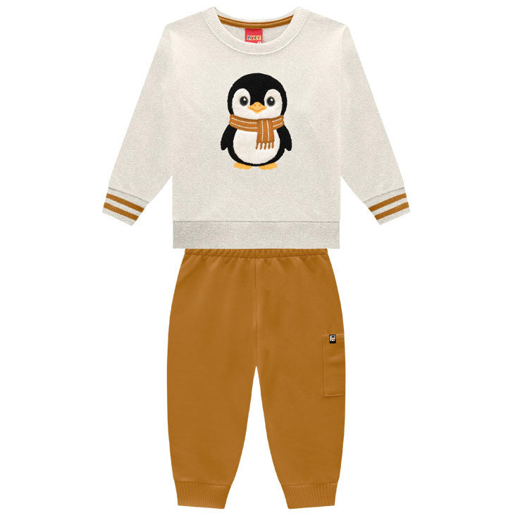 Conjunto Infantil Masculino Kyly em Moletom com Estampa de Pinguim e Cachecol