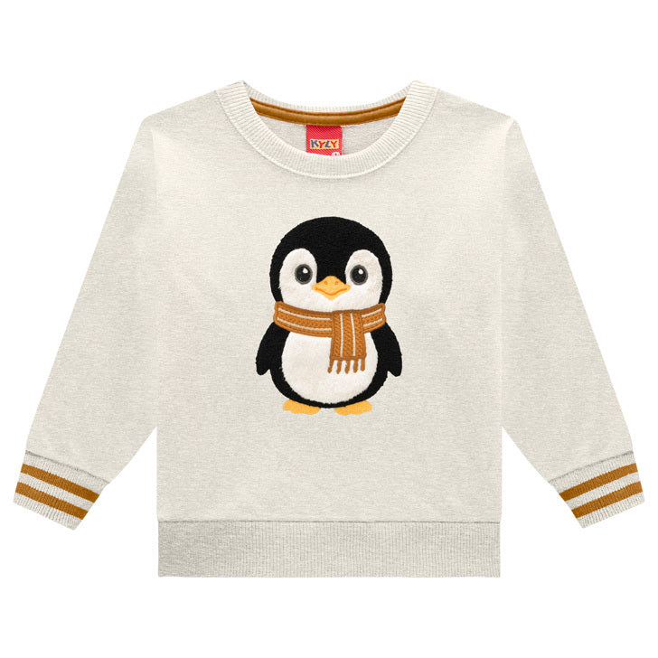 Conjunto Infantil Masculino Kyly em Moletom com Estampa de Pinguim e Cachecol