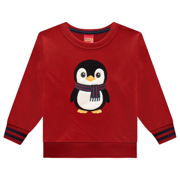 Conjunto Infantil Masculino Kyly em Moletom com Estampa de Pinguim e Cachecol