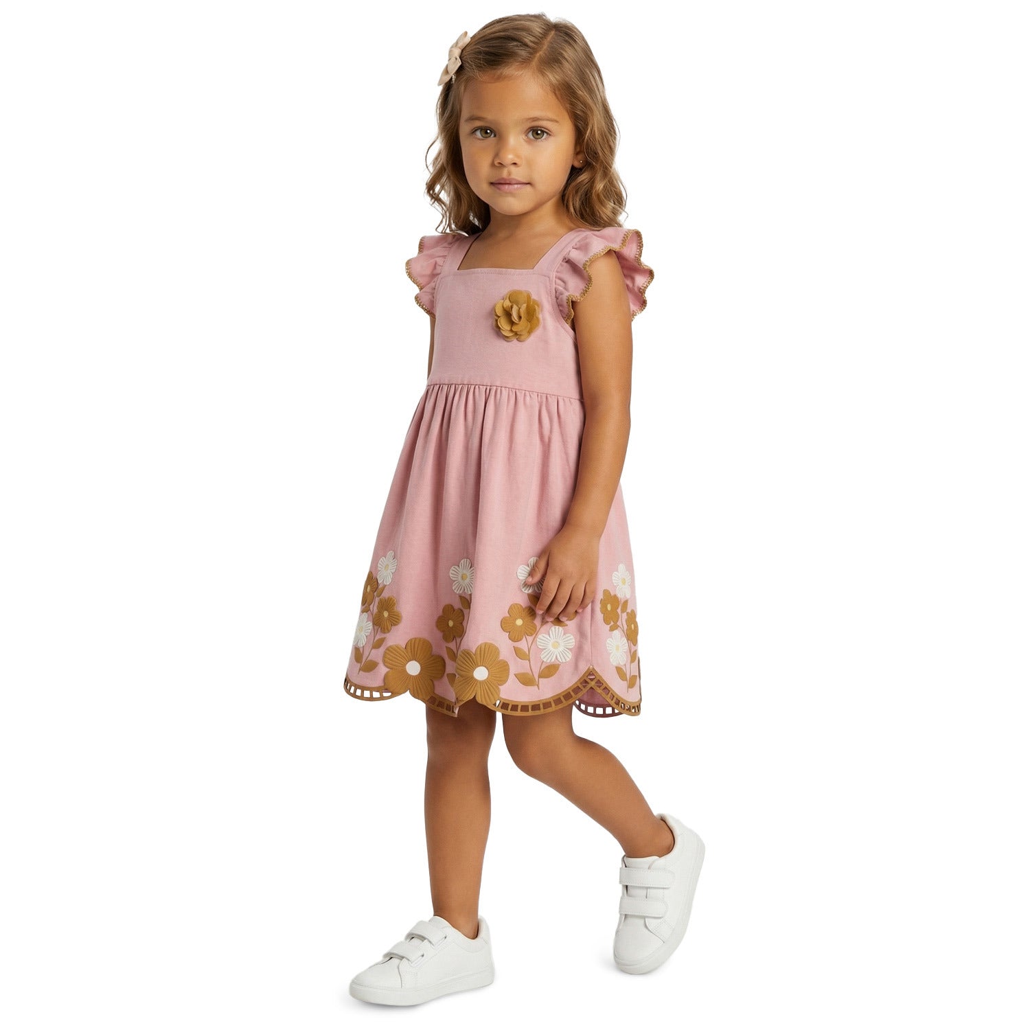Vestido Infantil Feminino Kyly Romântico com Aplicação de Flor e Barrado Ondulado