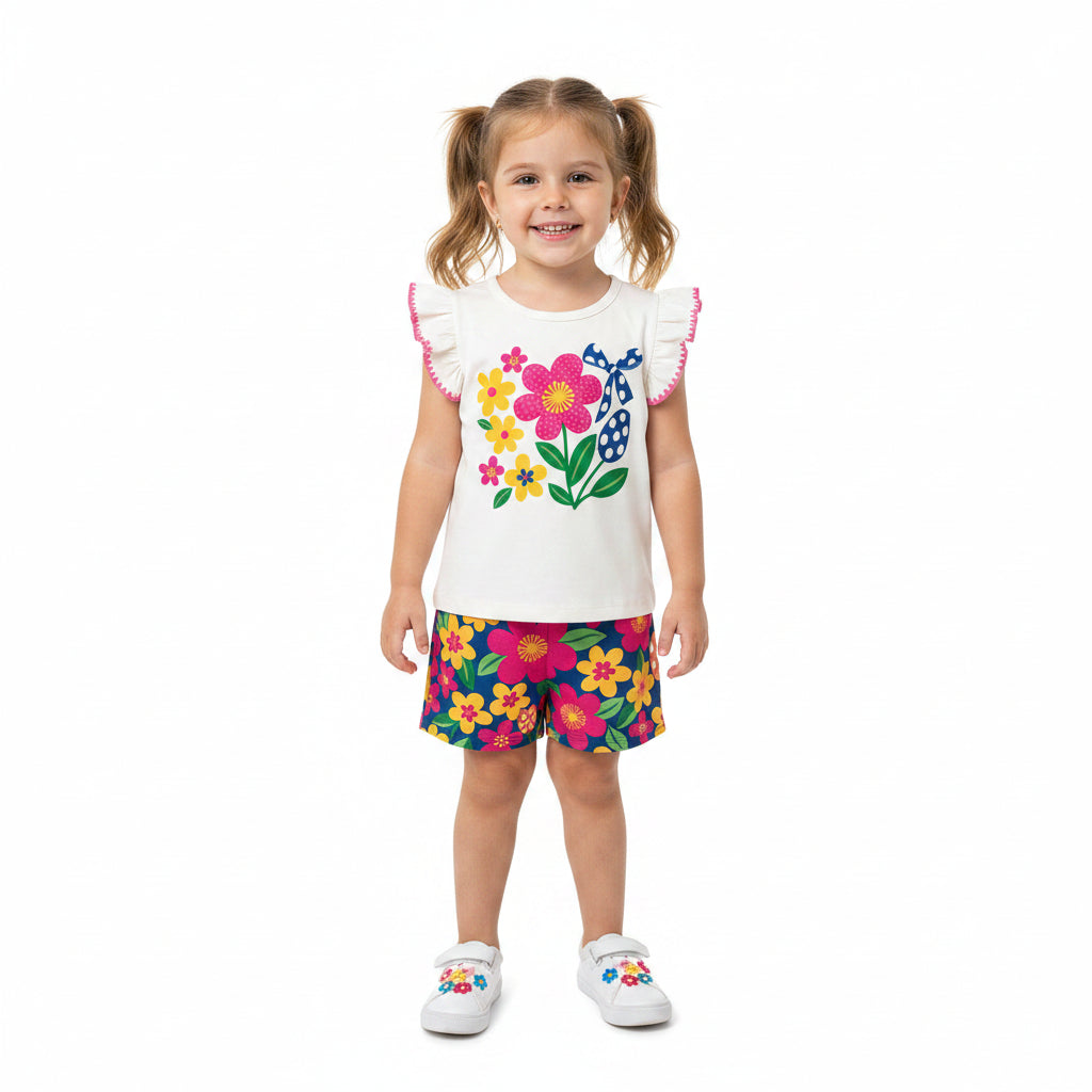 Conjunto Infantil Feminino Kyly Flores Blusa e Short
