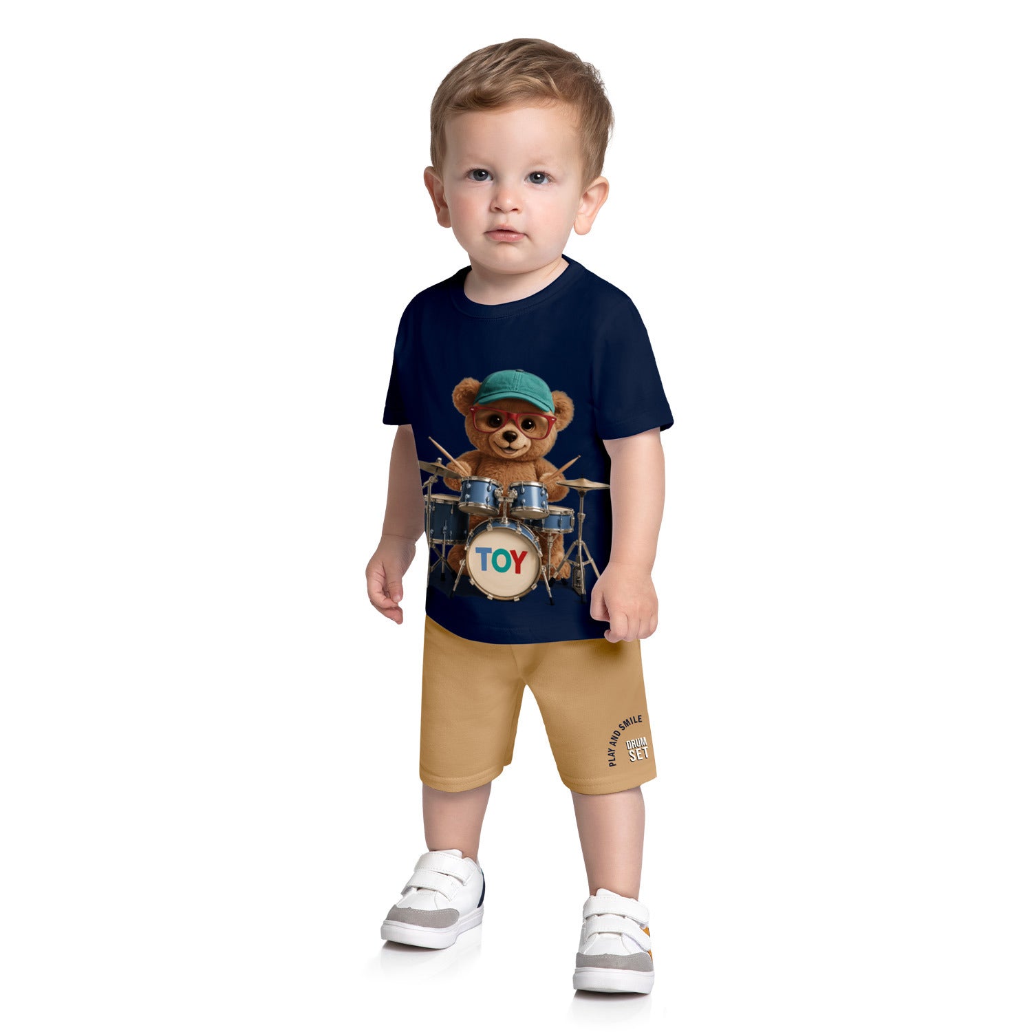 Conjunto Infantil Masculino Kyly Ursinho Baterista Camiseta e Bermuda