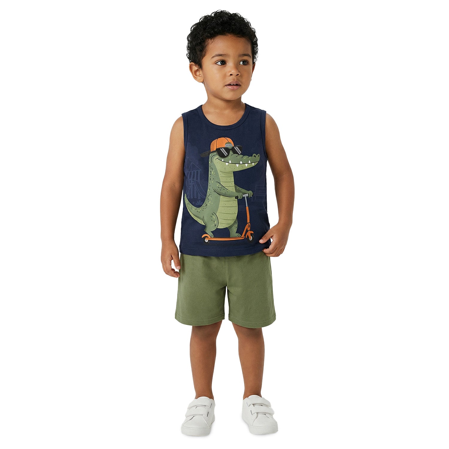 Conjunto Infantil Masculino Kyly Jacaré no Patinete Regata e Bermuda