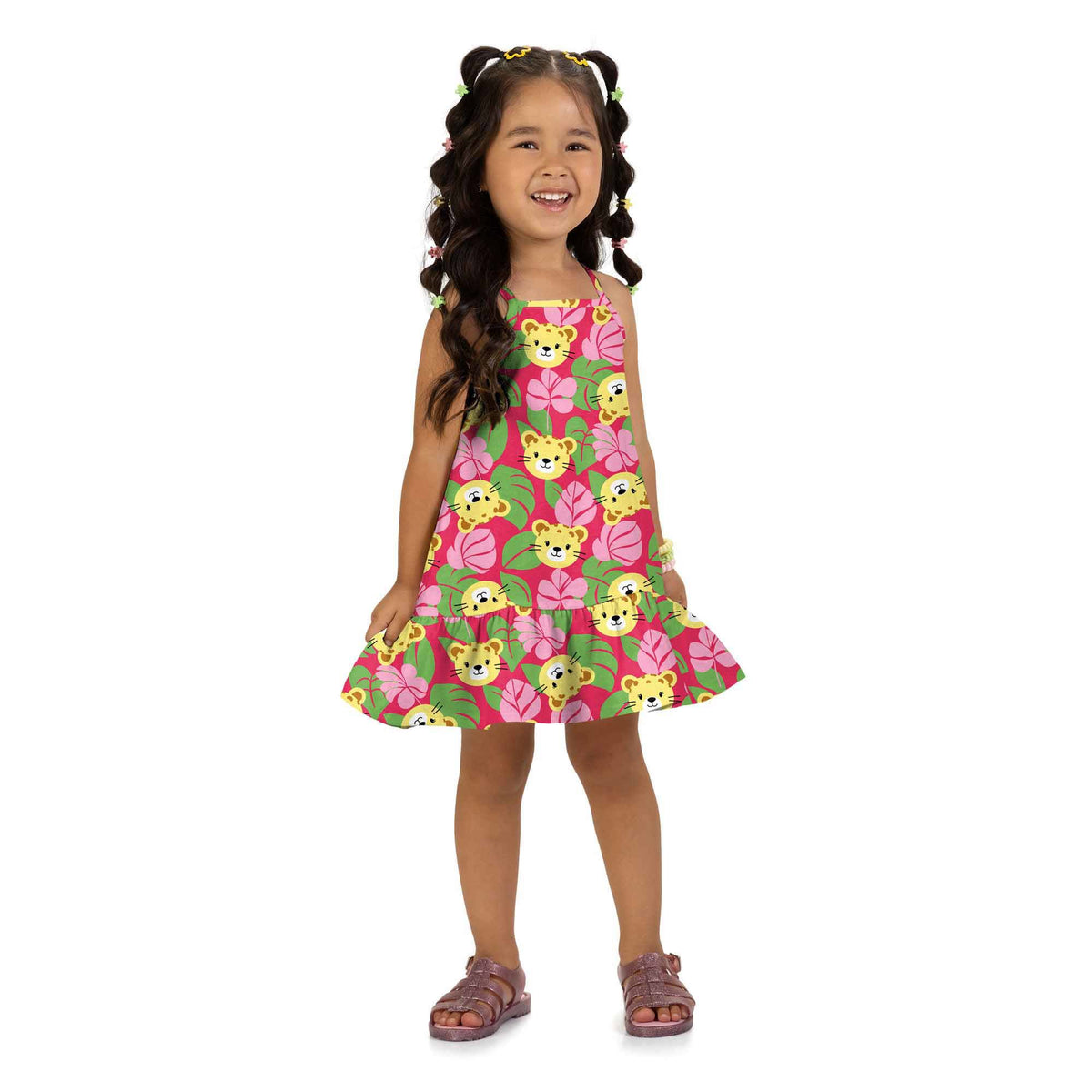 Vestido Infantil Feminino Kyly Oncinhas e Folhas em Algodão