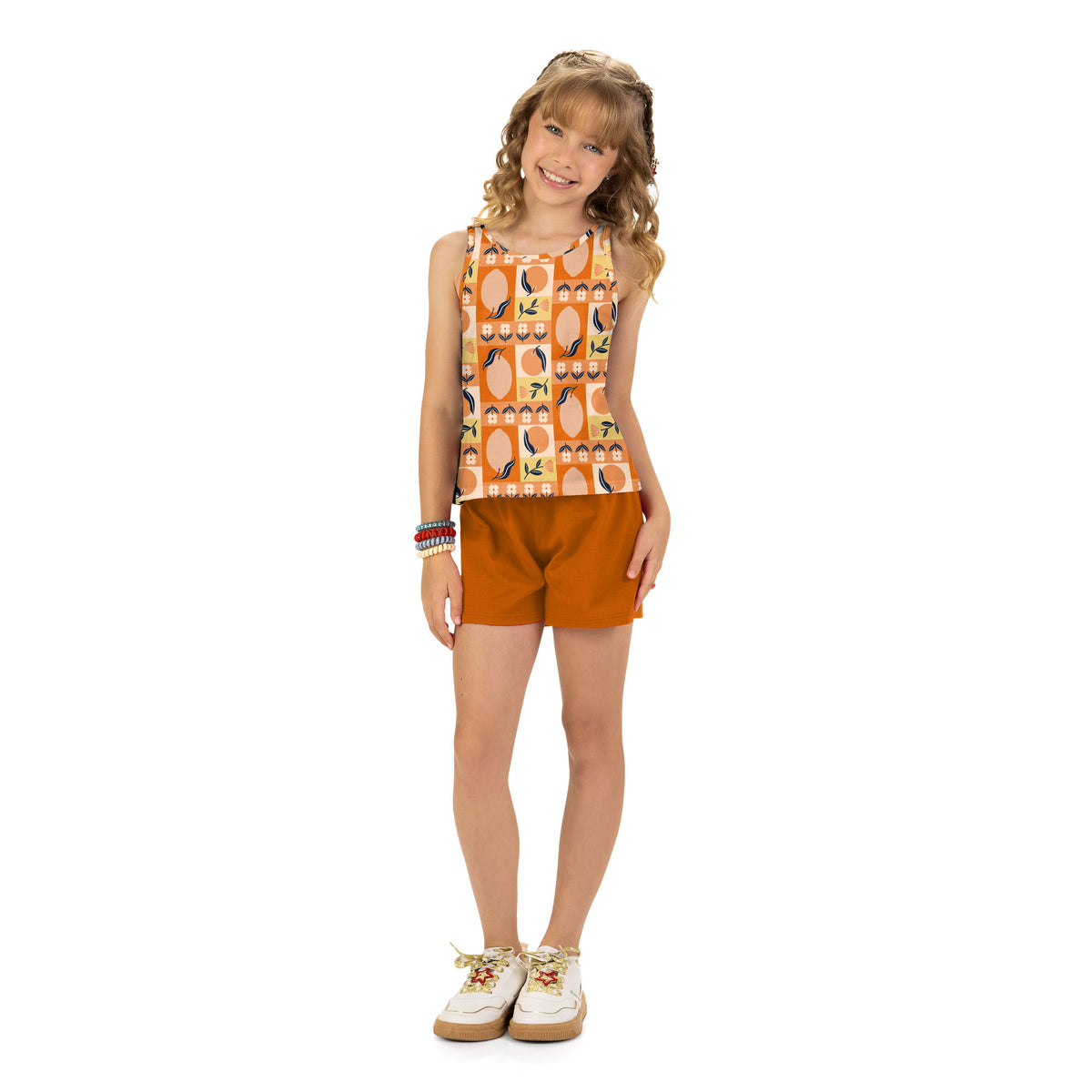 Conjunto Infanto-Juvenil Feminino Kyly Regata Estampada e Short Liso