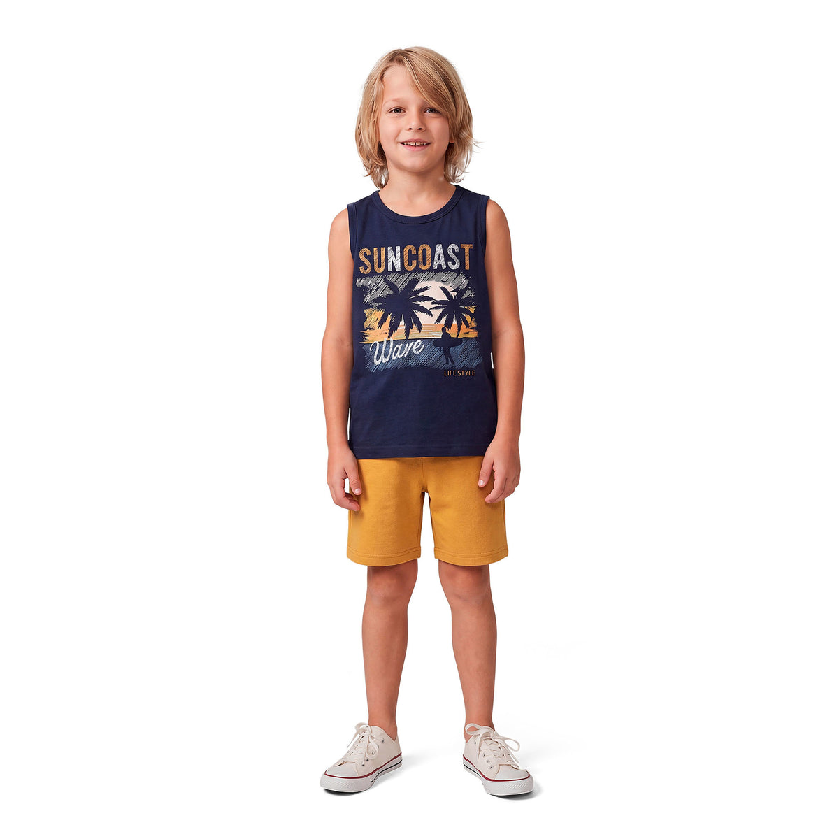 Conjunto Infantil Masculino Kyly Regata Estampada e Short Liso