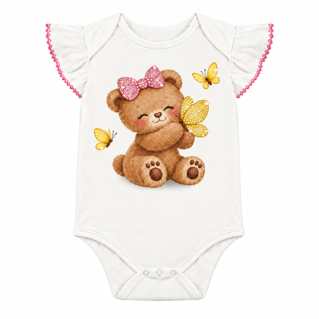 Conjunto Feminino Kyly Bebê Ursinha e Borboletas Body e Tapa-Fraldas 