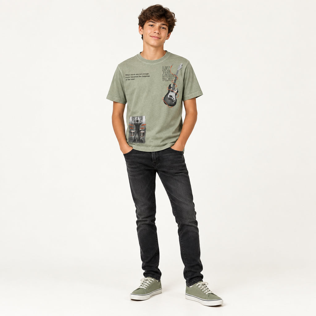 Camiseta Infantil Masculina Kyly Music Play Estampa Guitarra e Bateria