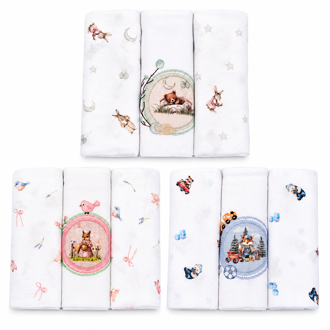 Kit Fralda de Ombro Luxo Muito Mimo Bordada e Estampada 3 Peças