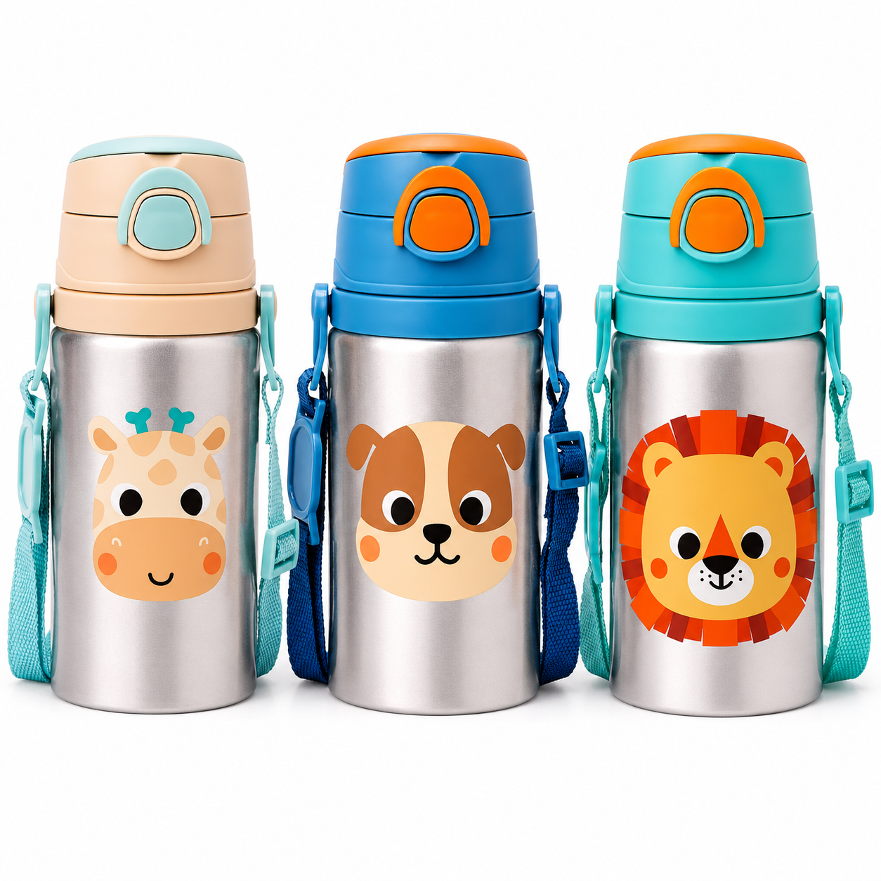 Garrafinha de Alumínio Infantil Buba Zoo 450 ml com Canudo e Cordinha +3 Anos