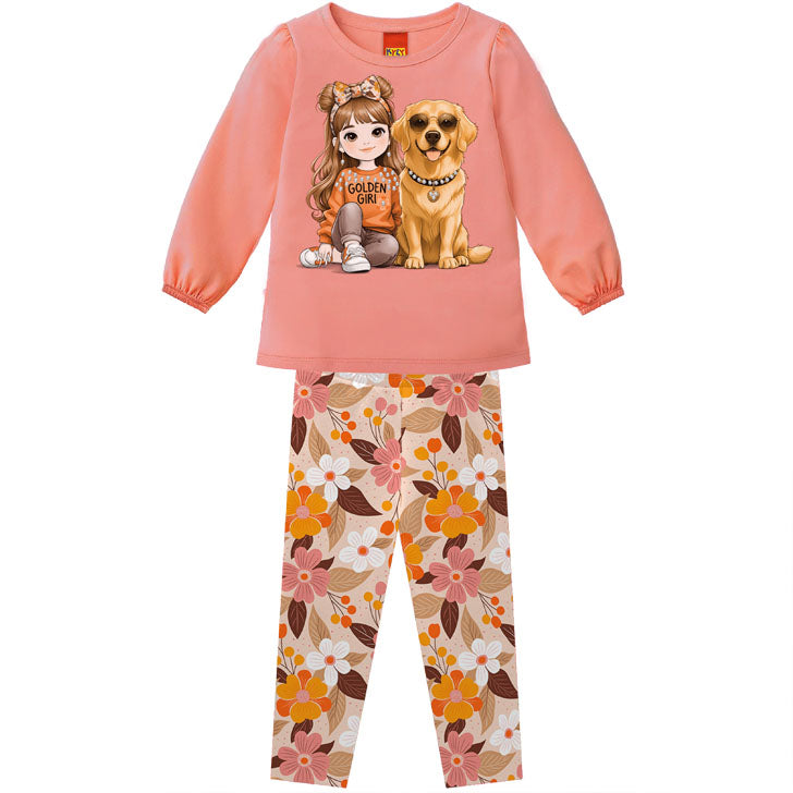 Conjunto Infantil Feminino Kyly Longo Golden Girl Blusa e Calça Floral