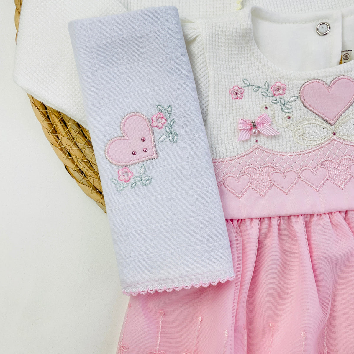 Saída De Maternidade Pipoquinhas Baby Menina Vestido Tule Coração 5 Peças