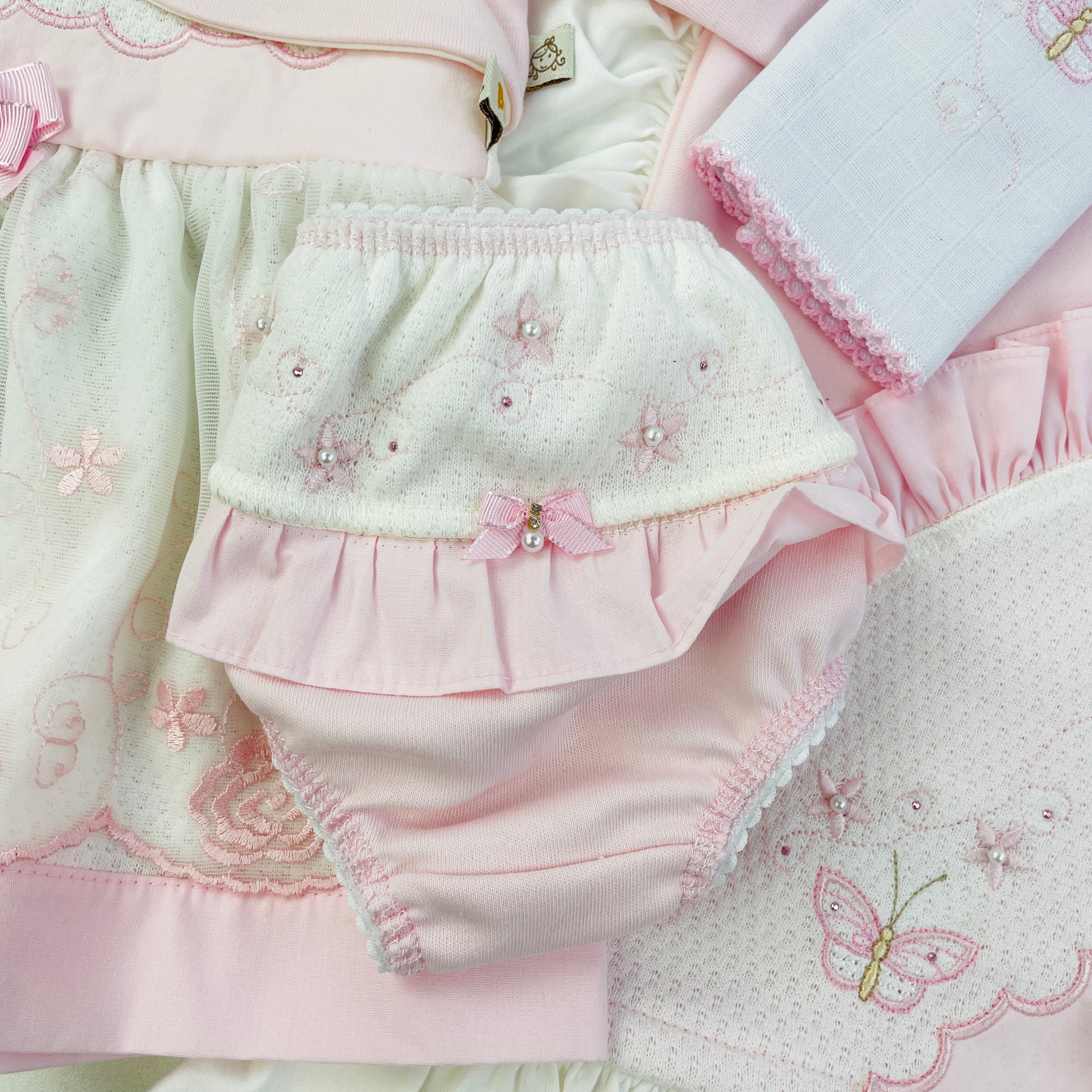 Saida De Maternidade Pipoquinhas Baby Menina Vestido Flores e Borboletas 5 Peças