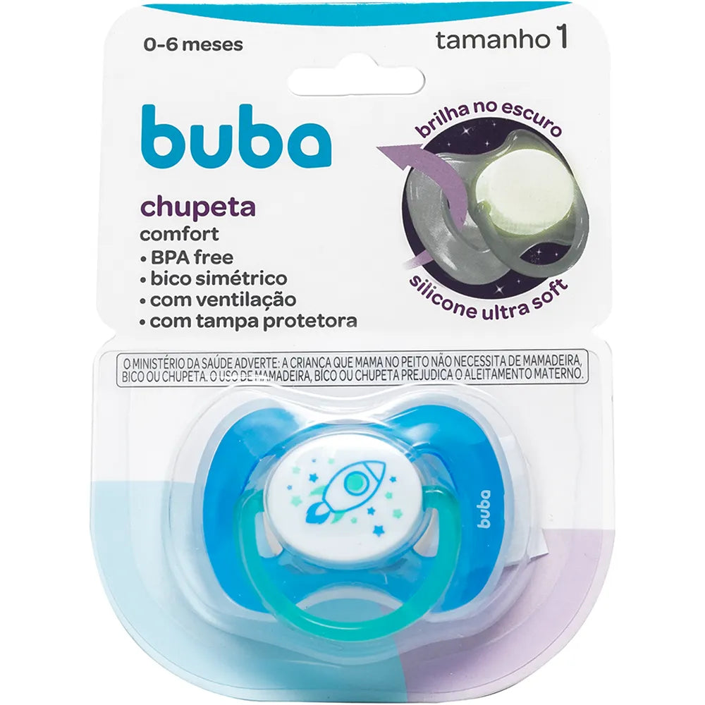 Chupeta Buba Comfort Noturna Foguete Brilha no Escuro Bico Simétrico