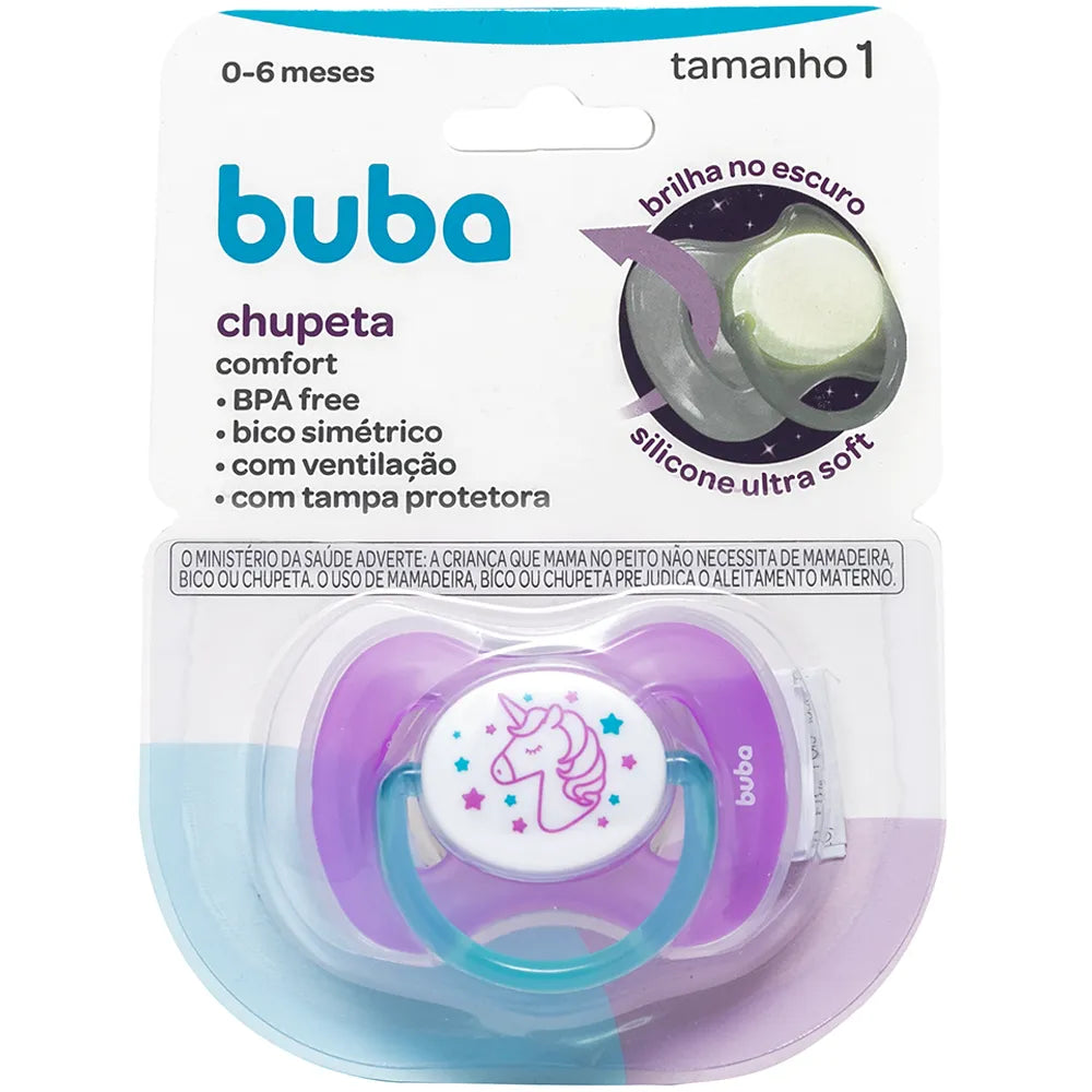 Chupeta Buba Comfort Noturna Unicórnio Brilha no Escuro Bico Simétrico