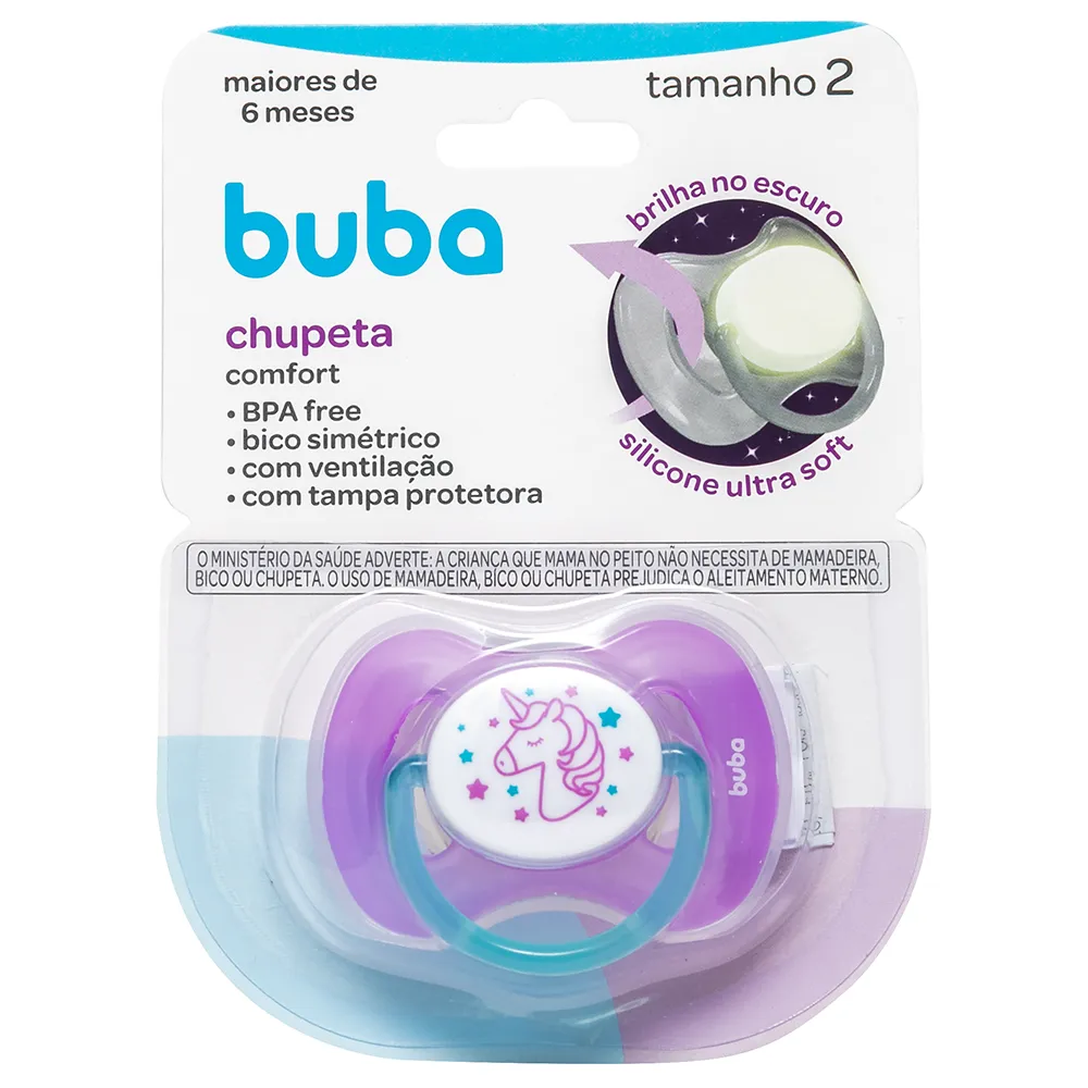 Chupeta Buba Comfort Noturna Unicórnio Brilha no Escuro Bico Simétrico