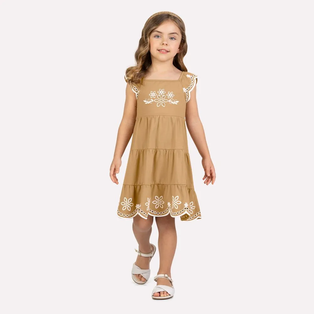 Vestido Infantil Bordado Floral Babado Delicado