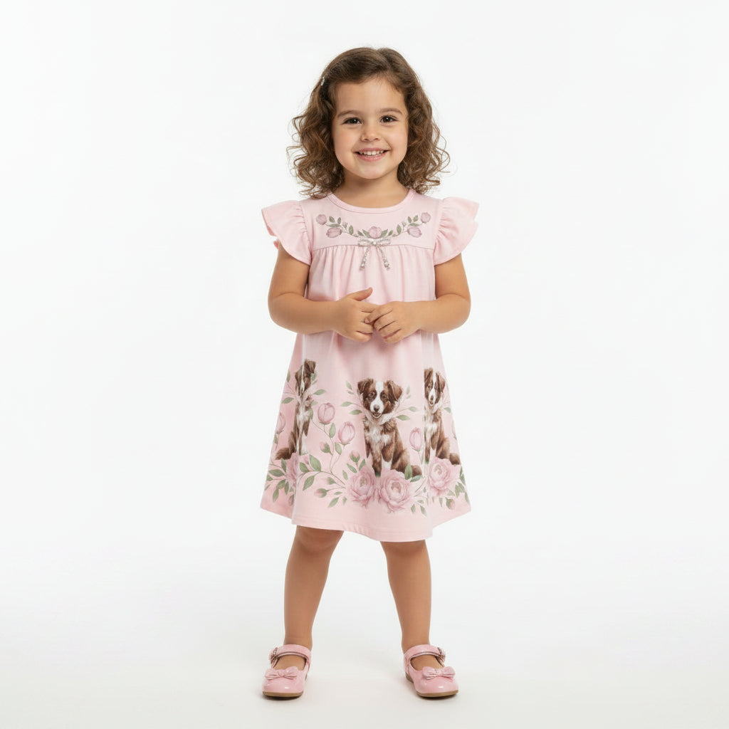 Vestido Milon Cachorrinho Rosa e Lacinho de Pérolas