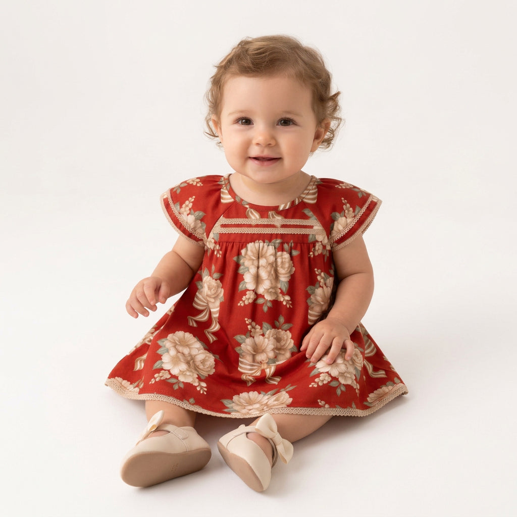 Vestido Infantil Feminino Bebê Milon Laços e Flores Estampado com Guipir