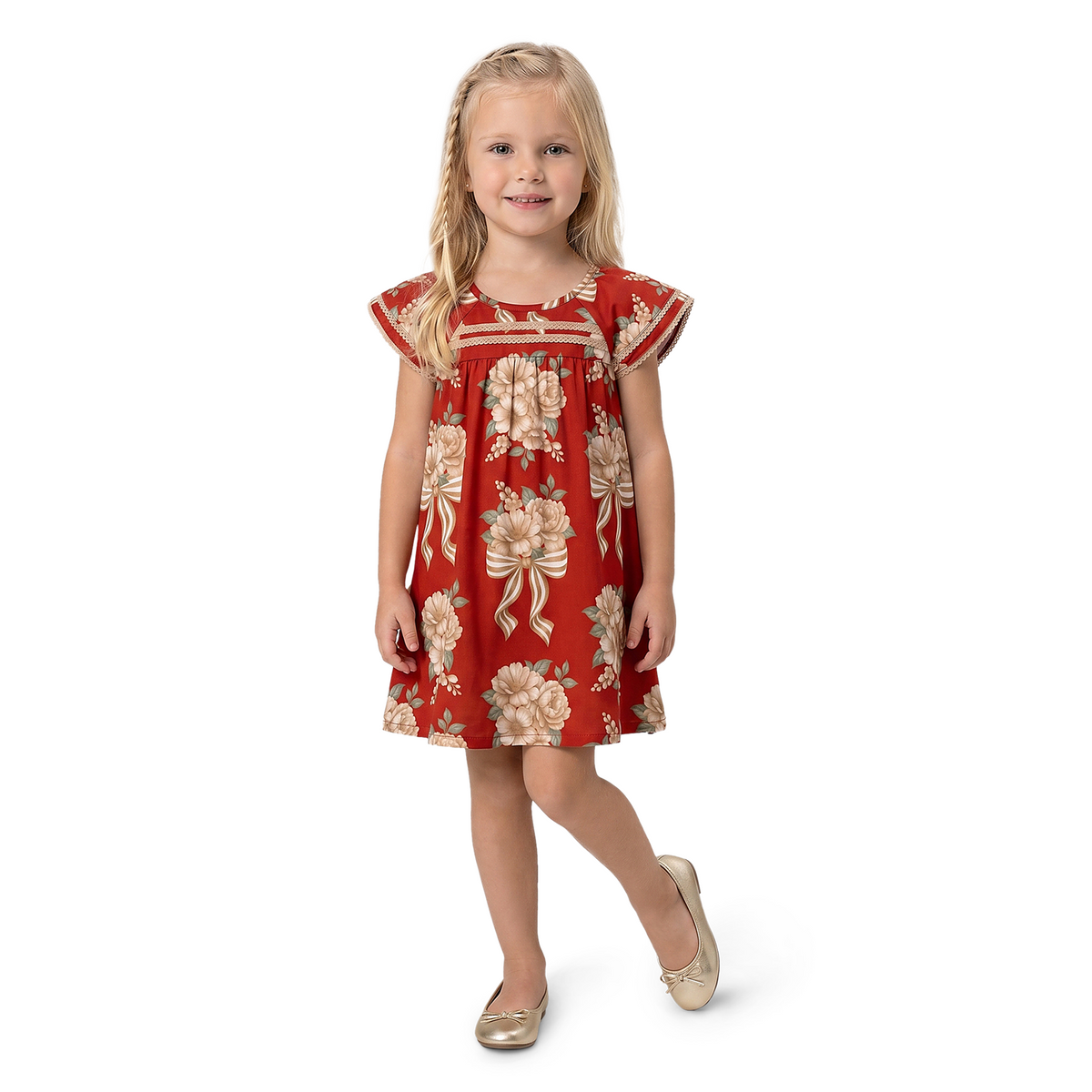Vestido Infantil Feminino Milon Laços e Flores Estampado com Guipir