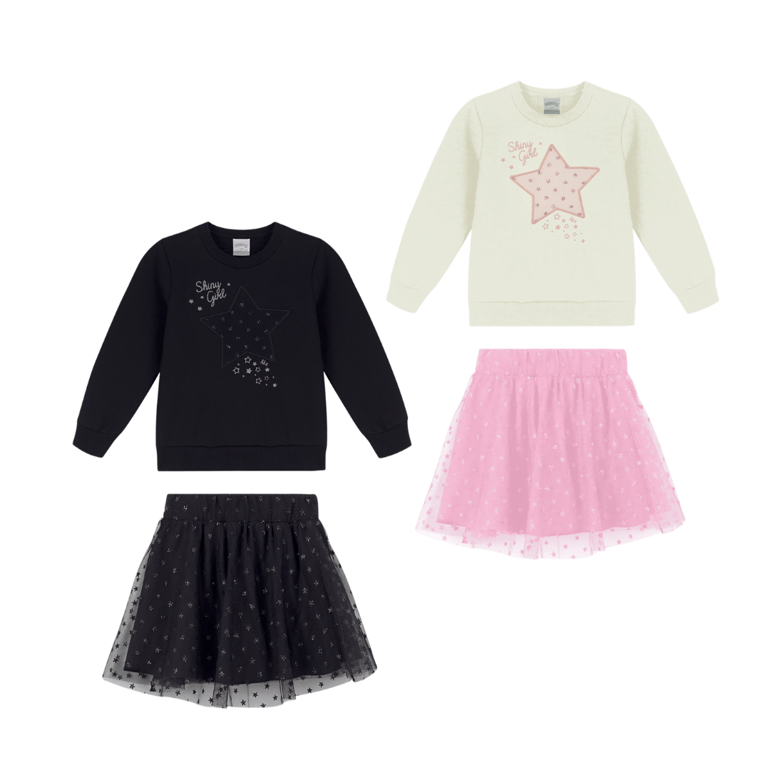 Conjunto Infantil Feminino Alakazoo Shine Girl em Moletom Felpado e Short Saia de Tule