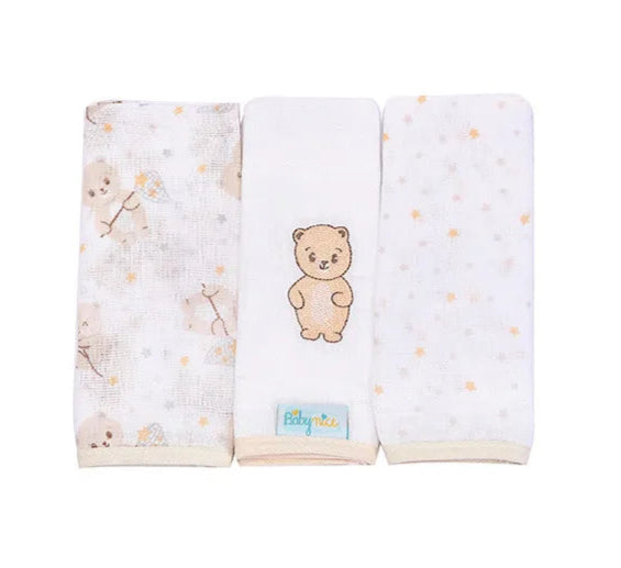Pano De Boca Baby Nice Bordado E Estampado 3 Peças