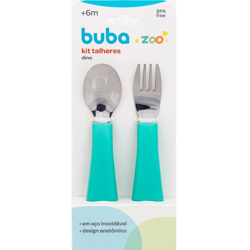 Kit Talheres Infantil Buba Zoo Inox Garfo e Colher com Apoio Higiênico +6 Meses 2 peças