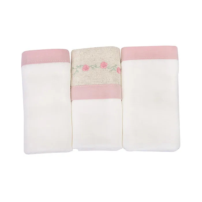 Kit Manta Cueiro Loupiot Nature Bordado Rolinho com 3 Peças 80x80 cm 100% Algodão