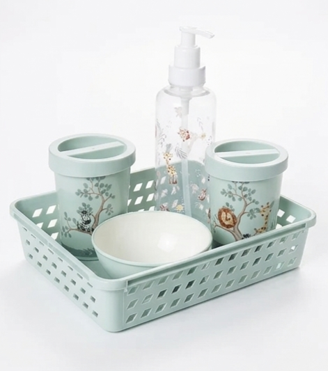 Kit Higiene Bebê Plasútil Safari 5 Peças Livre de BPA com Cesta e Molhadeira