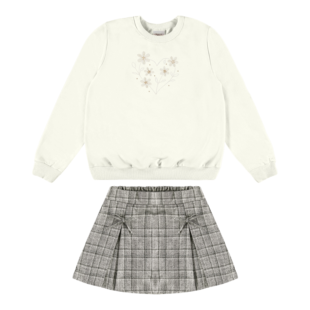 Conjunto Infantil Feminino Pulla Bulla Blusão de Moletom Bordado e Saia Shorts Xadrez
