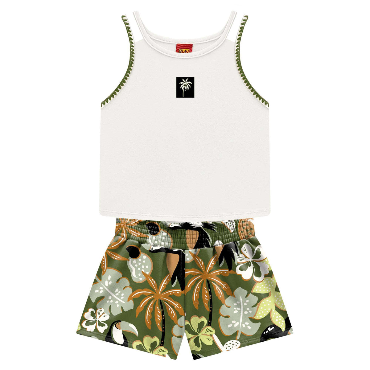 Conjunto Feminino Infantojuvenil Kyly Top e Short Estampa Tropical Coqueiro