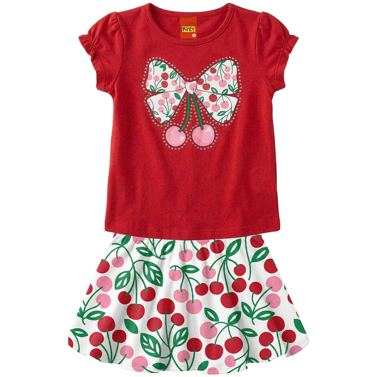 Conjunto Infantil Feminino Kyly Cerejas com Strass - Blusa + Short-Saia