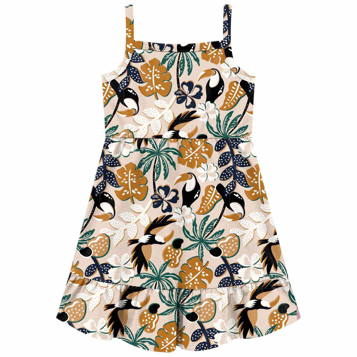 Vestido Infantil Feminino Kyly Estampa Folhas e Tucanos