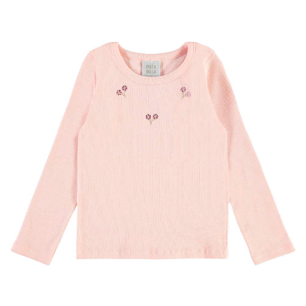 Blusa Infantil Feminina Pulla Bulla Manga Longa Canelada com Bordado Florzinhas
