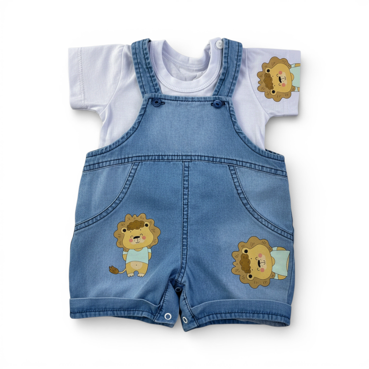 Jardineira Jeans Masculina Infantil Brokinha Leãozinho com Blusa