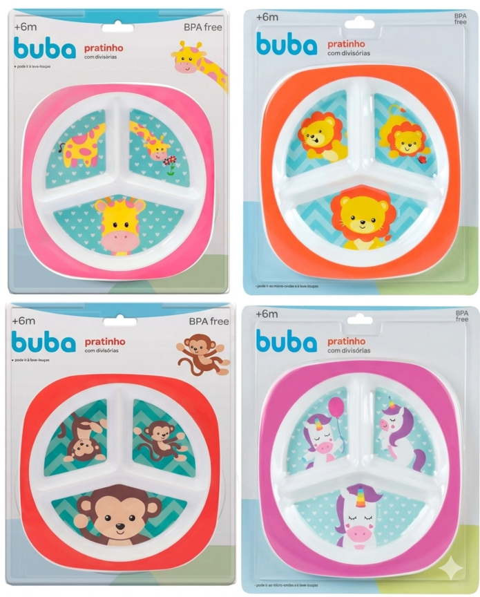 Pratinho Infantil Buba Animal Fun com Divisórias Livre de BPA 6 Meses+