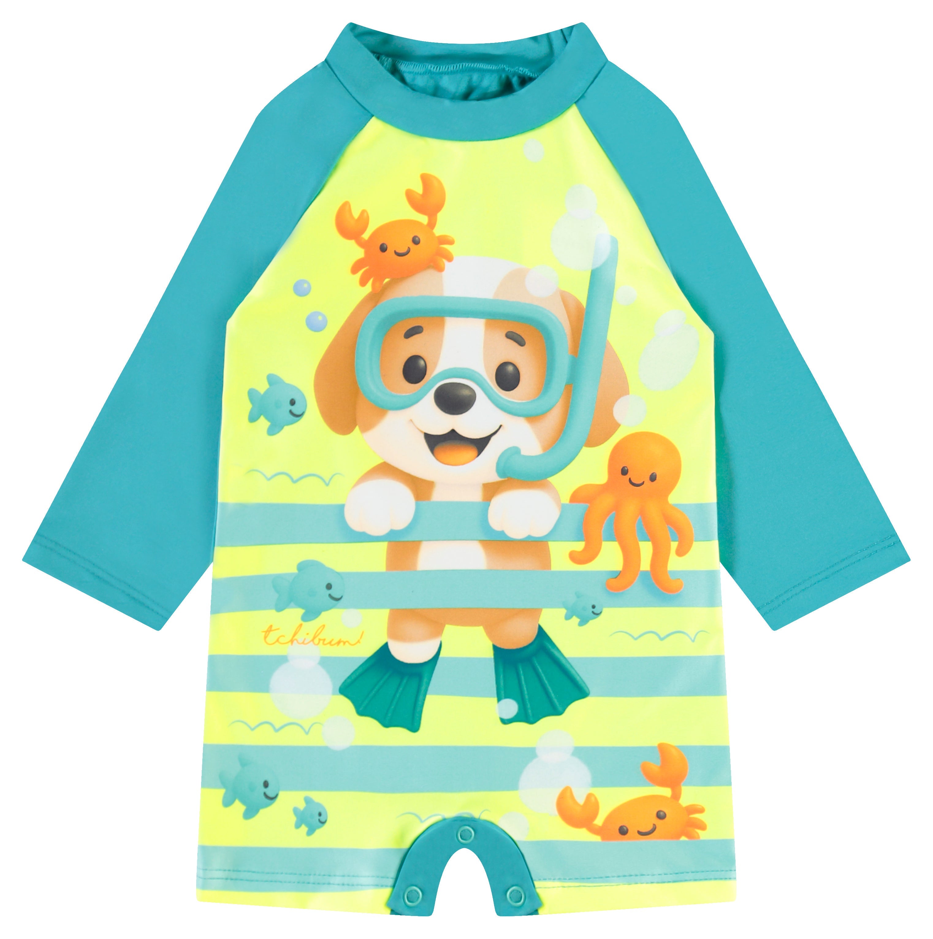 Conjunto Macaquinho de Praia com Chapéu Infantil Baby Kamylus Tchibum Cachorrinho Proteção UV 50+ Dri-Fit