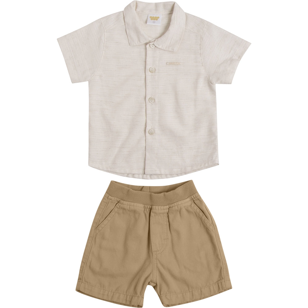 Conjunto Infantil Masculino Have Fun Essence Camisa Linho Texturizado e Bermuda Sarja